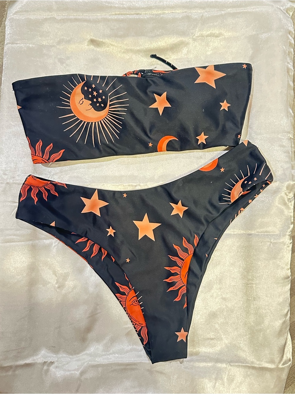 Zaful High Rise Navy Bikini Set with Orange Celestial Print